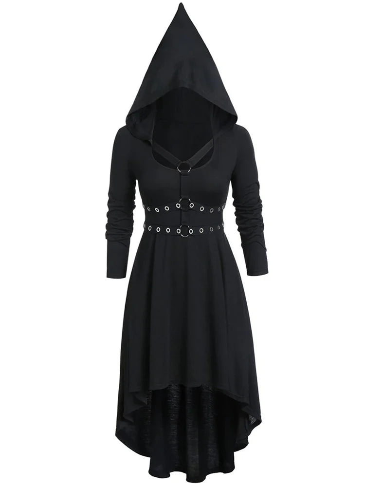 Woman's Gothic Black Medieval Hooded Dress, Dark-Punk Style, Pointed Hat Long Sleeve Dress