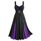 Gothic, Emo Woman's Dress with Belt, Elegant Purple-Black Shoulder Strap Apparel