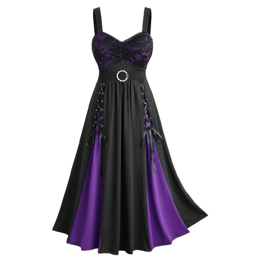 Gothic, Emo Woman's Dress with Belt, Elegant Purple-Black Shoulder Strap Apparel