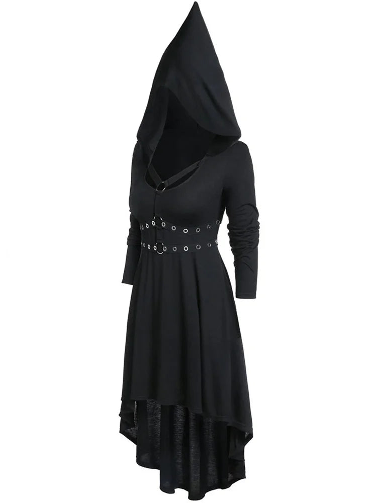 Woman's Gothic Black Medieval Hooded Dress, Dark-Punk Style, Pointed Hat Long Sleeve Dress