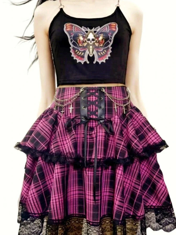 Pink and Red Plaid Gothic Mini Skirt, Emo and Whimsigothic Style