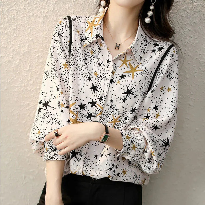 Starry Loose Celestial Blouse - Dress Shirt | White, Yellow, Black