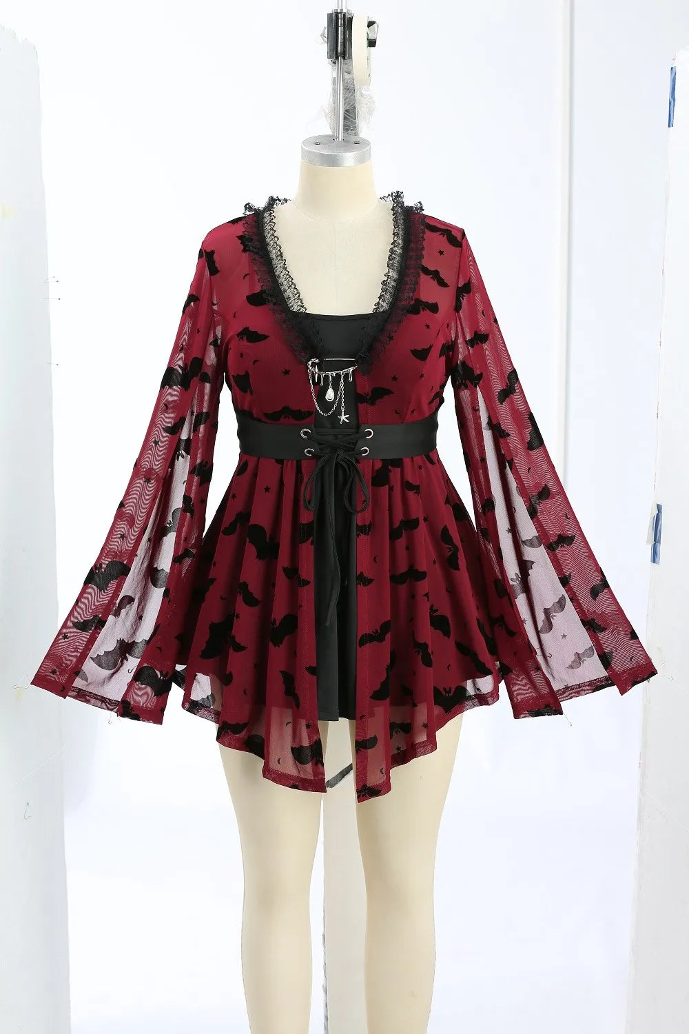 Red Gothic Bat Split Flare Sleeves, Women's Mesh Dress