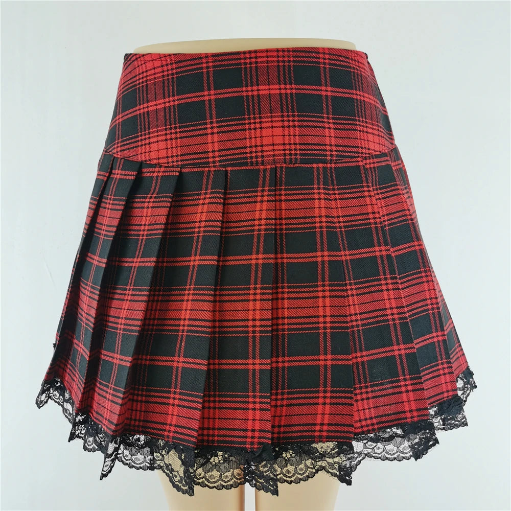 Red Plaid Lace Mini Skirt, Gothic and Emo Style