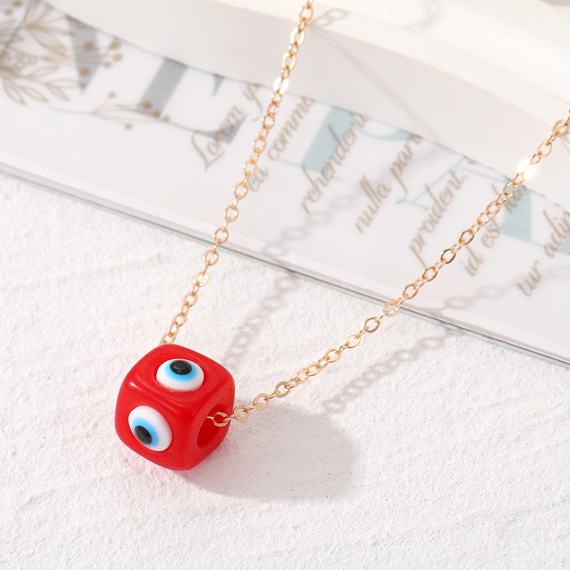 Red Cubed  Evil Eye Pendant - Gold Link Chain Necklace