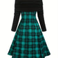 Green Plaid Elegant Dress, Woman's Gothic-Style Apparel