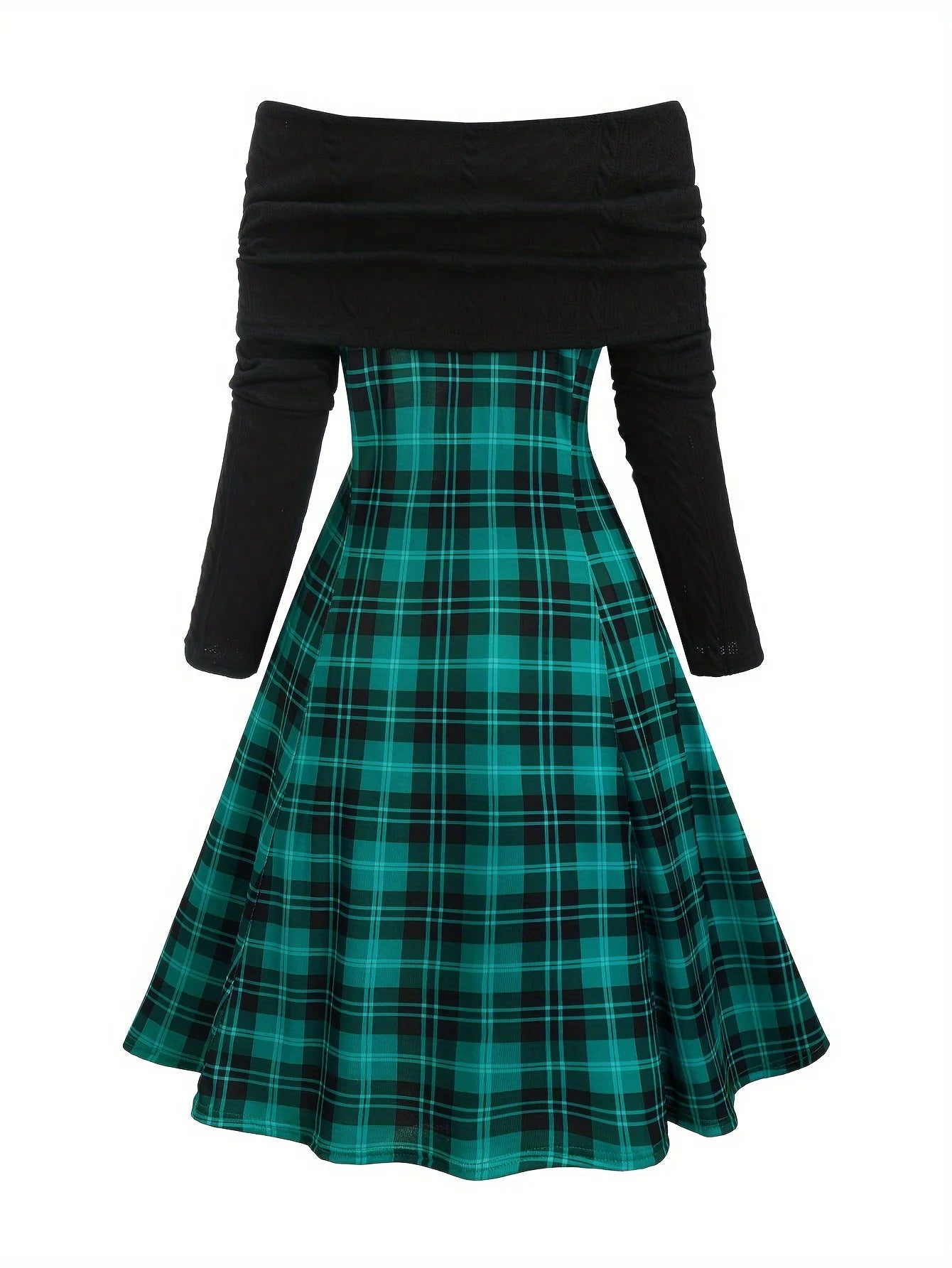 Green Plaid Elegant Dress, Woman's Gothic-Style Apparel