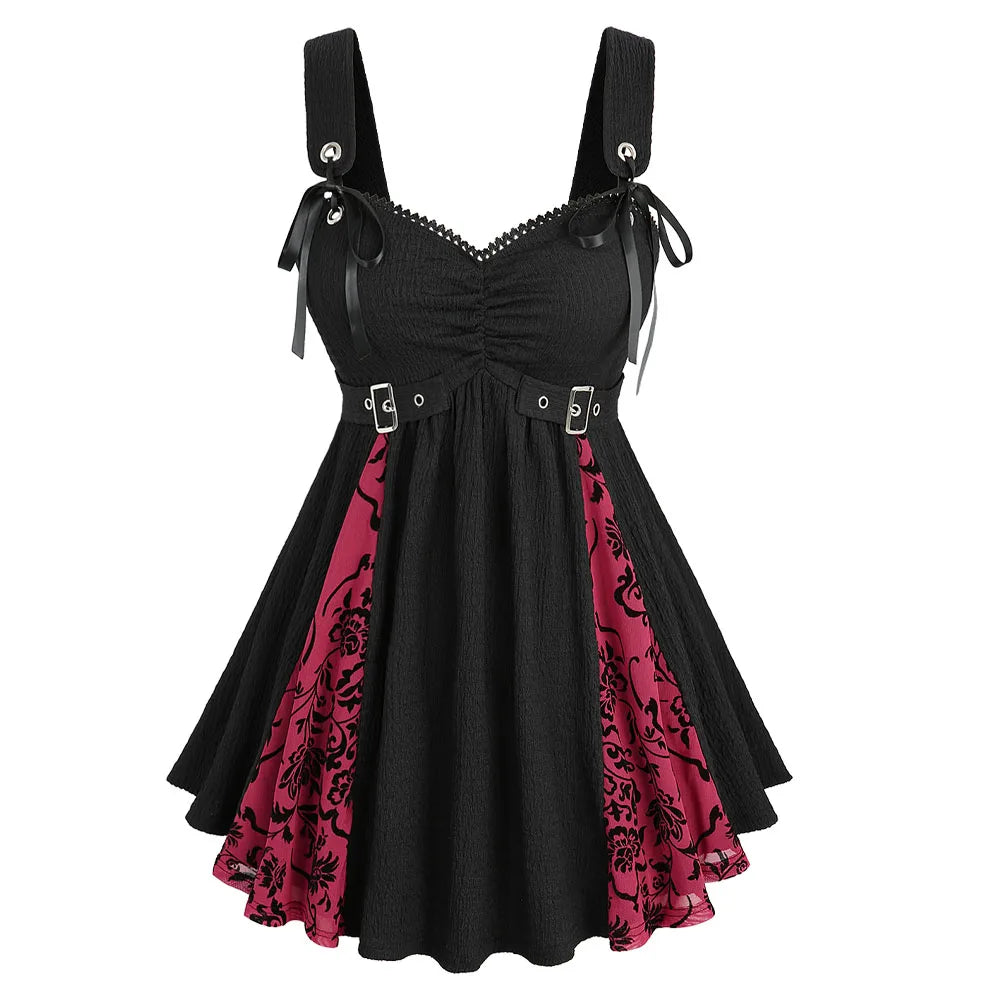 Elegant Floral - Gothic Dress, Black and Red Patchwork with Grommet Buckle