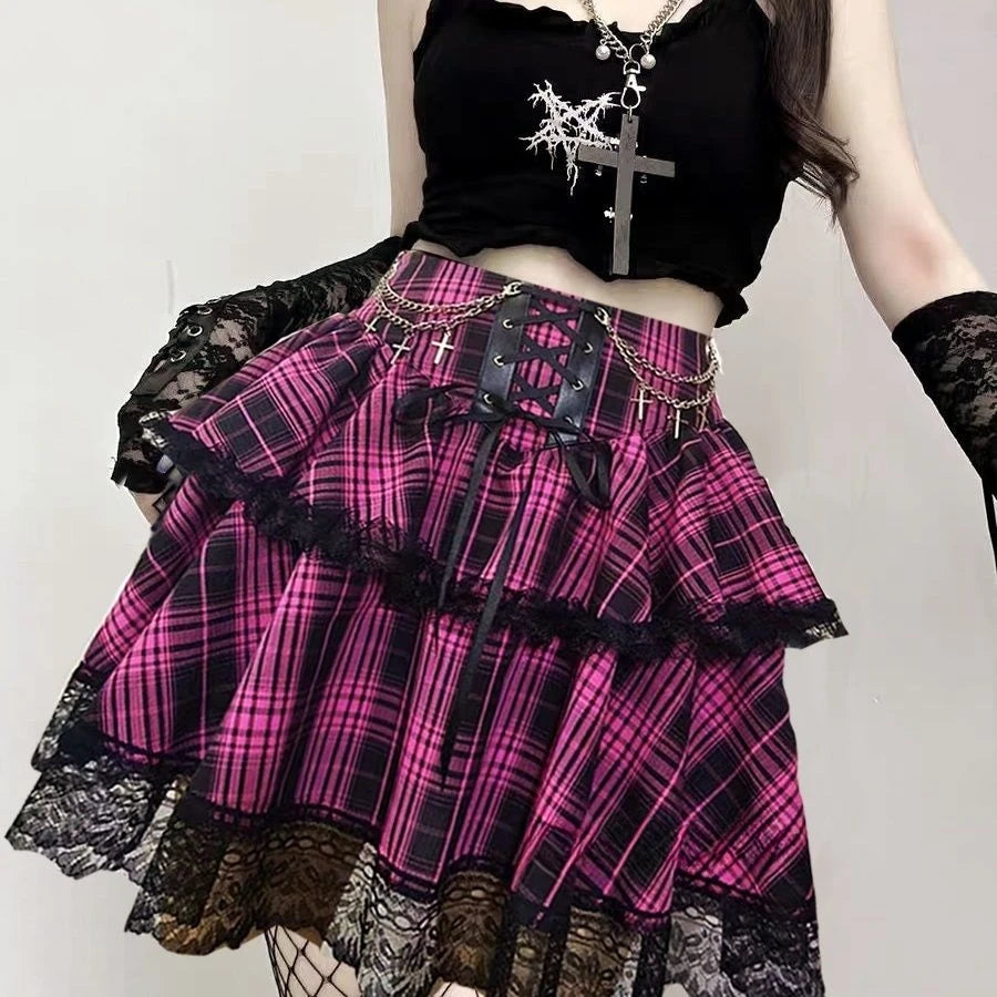 Pink and Red Plaid Gothic Mini Skirt, Emo and Whimsigothic Style