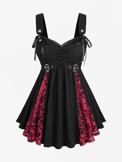 Elegant Floral - Gothic Dress, Black and Red Patchwork with Grommet Buckle