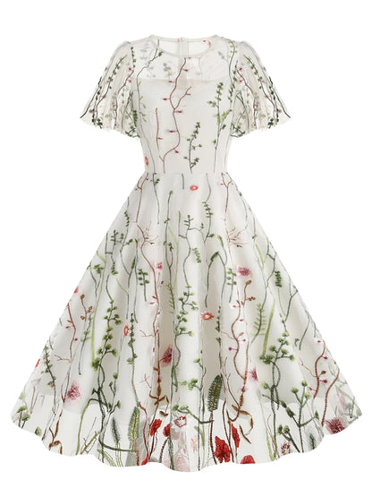 Elegant Floral Embroidered A-Line Dress with Mesh Butterfly Sleeves