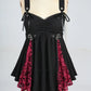 Elegant Floral - Gothic Dress, Black and Red Patchwork with Grommet Buckle