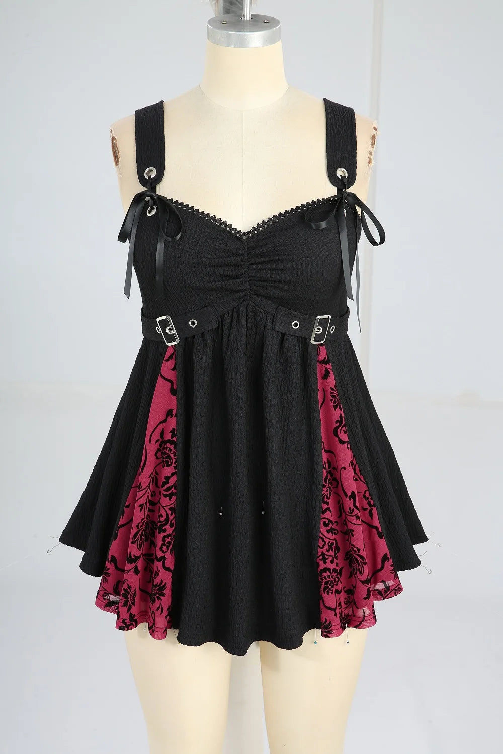 Elegant Floral - Gothic Dress, Black and Red Patchwork with Grommet Buckle