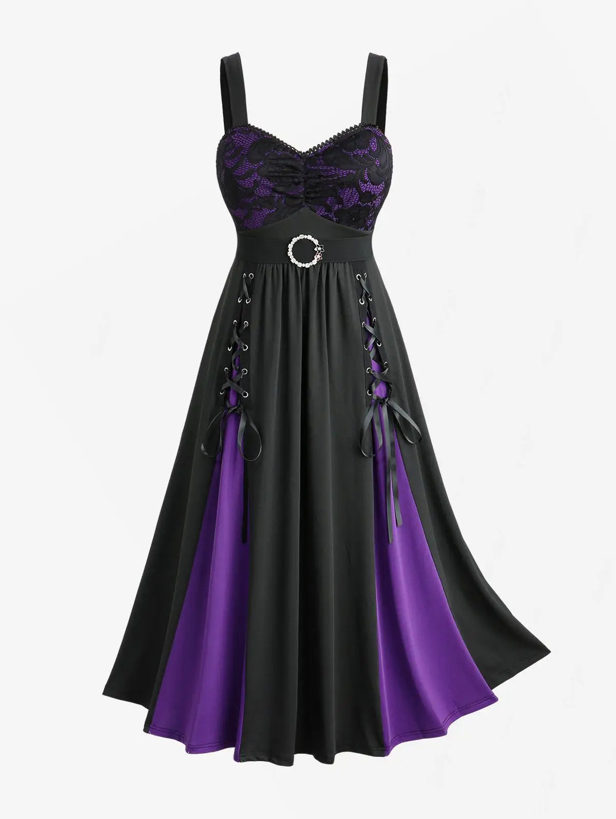 Gothic, Emo Woman's Dress with Belt, Elegant Purple-Black Shoulder Strap Apparel