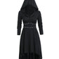 Woman's Gothic Black Medieval Hooded Dress, Dark-Punk Style, Pointed Hat Long Sleeve Dress