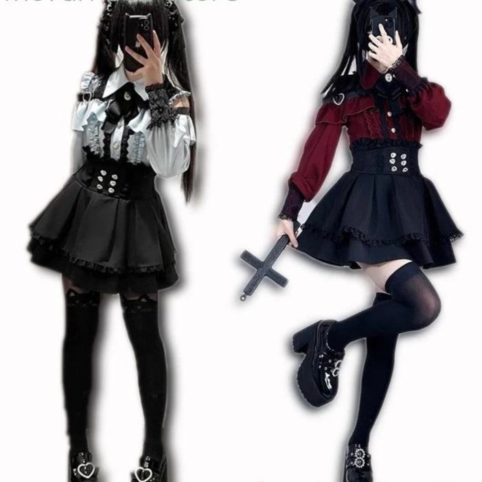 Gothic Japanese Jirai Kei Cosplay Outfit and Costume, Skirt Set - Black, Grey, Red