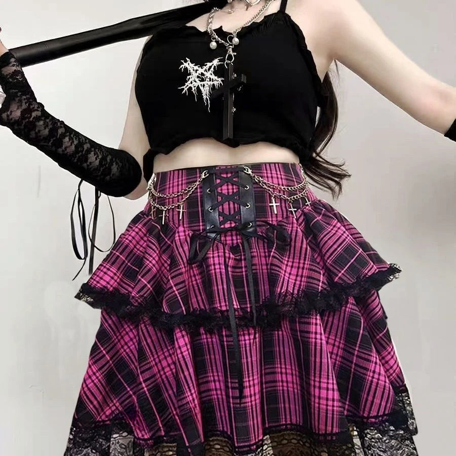 Pink and Red Plaid Gothic Mini Skirt, Emo and Whimsigothic Style