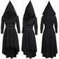 Woman's Gothic Black Medieval Hooded Dress, Dark-Punk Style, Pointed Hat Long Sleeve Dress