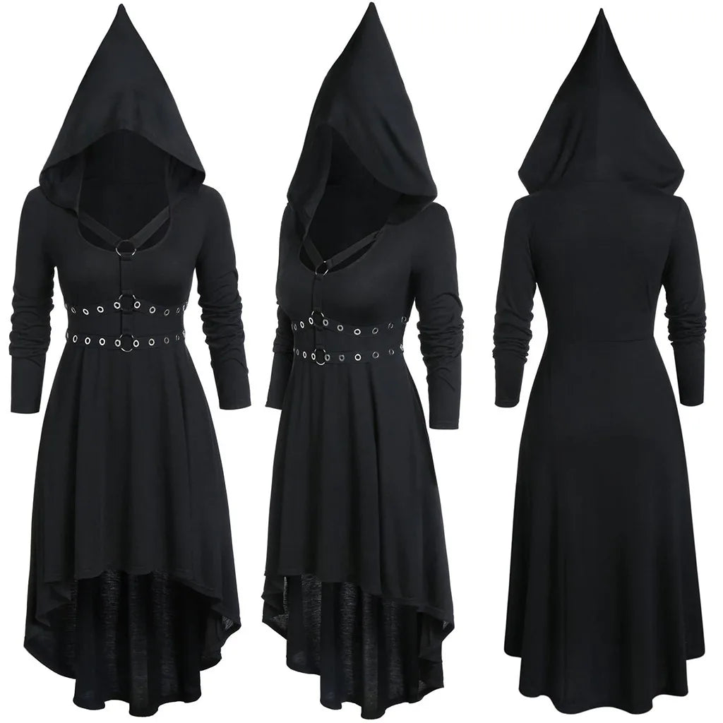 Woman's Gothic Black Medieval Hooded Dress, Dark-Punk Style, Pointed Hat Long Sleeve Dress