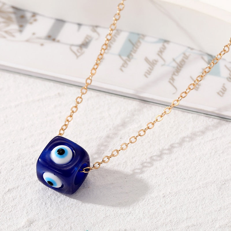 Navy Blue Cubed Evil Eye, Nazar Necklace - Pendant