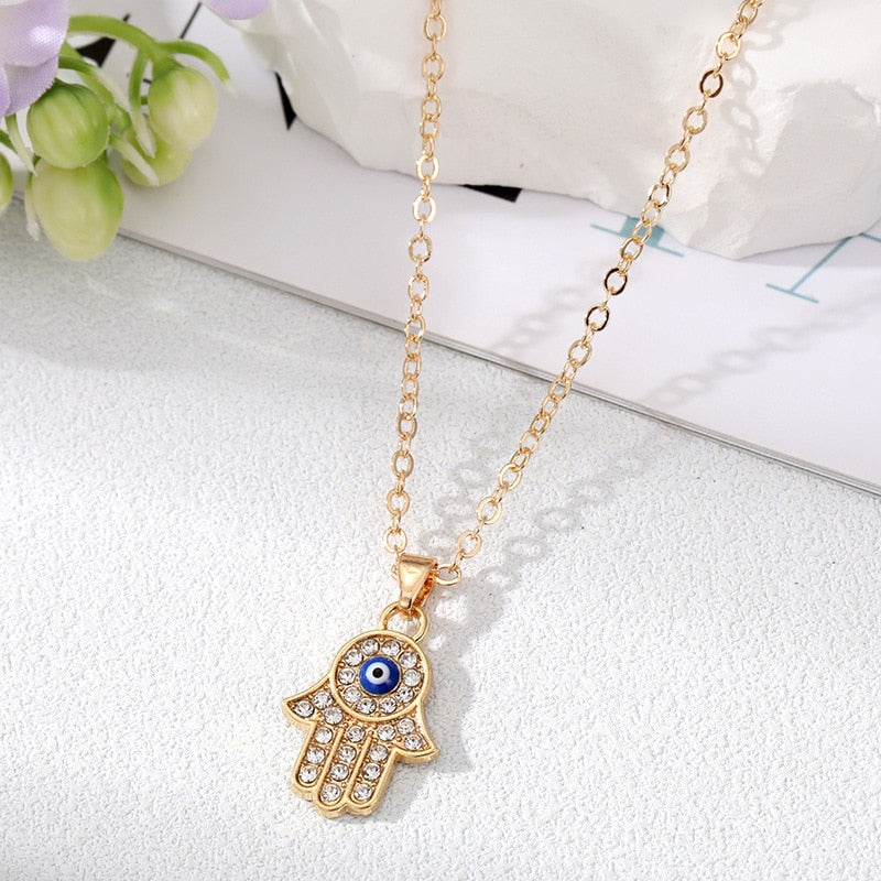Evil Eye Crystal Necklace | Hamsa Style, Silver Spiritual Jewelry