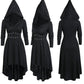 Woman's Gothic Black Medieval Hooded Dress, Dark-Punk Style, Pointed Hat Long Sleeve Dress