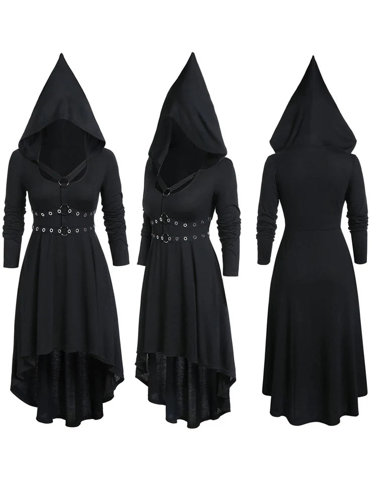 Woman's Gothic Black Medieval Hooded Dress, Dark-Punk Style, Pointed Hat Long Sleeve Dress