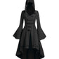 Women's Black, Red, and Blue Grommet Gothic Hooded Top Flare Sleeve Dress