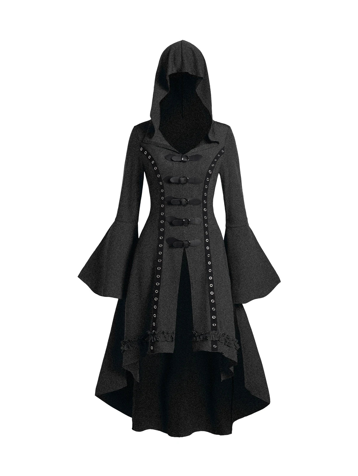 Women's Black, Red, and Blue Grommet Gothic Hooded Top Flare Sleeve Dress