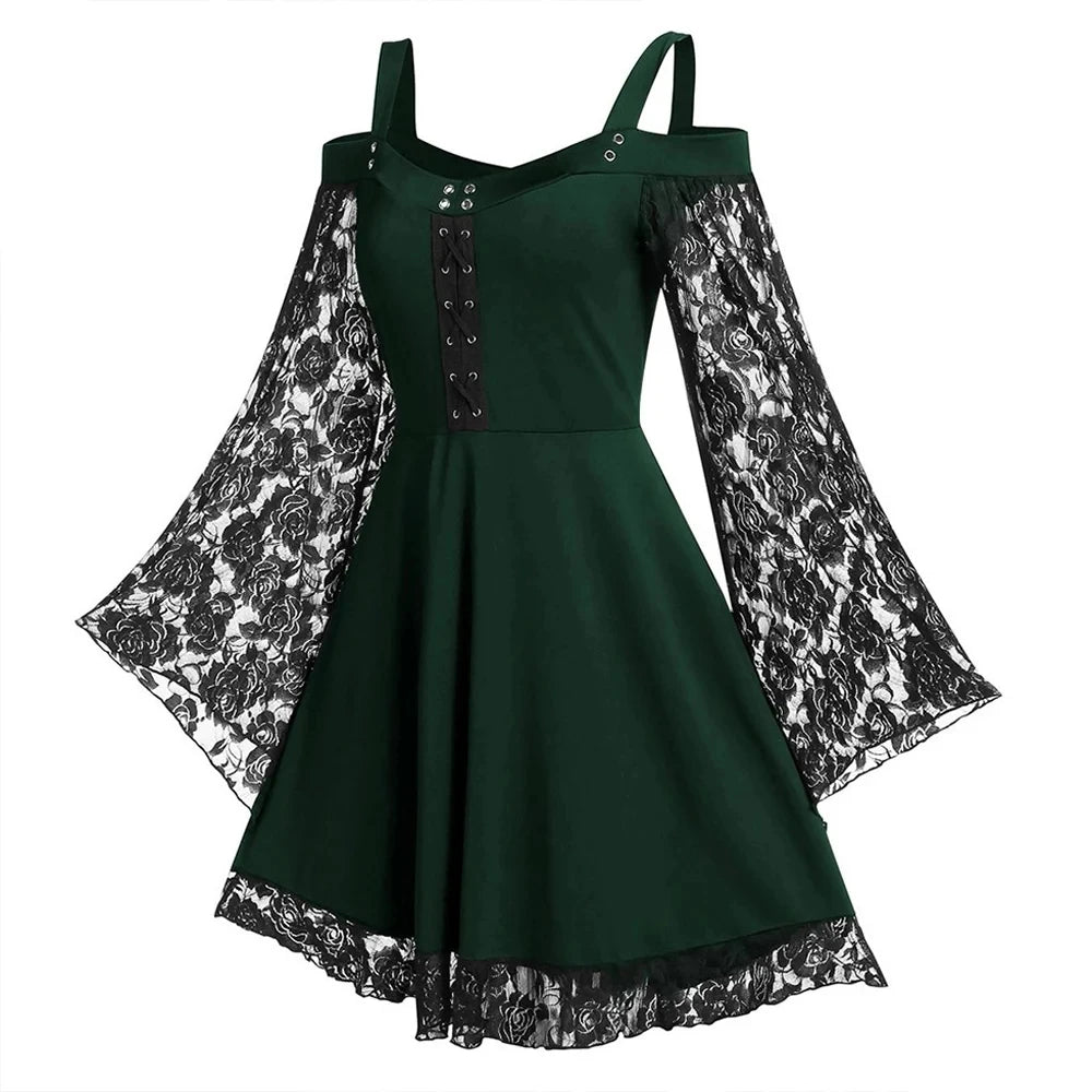 Women's Witchy Dresses | Black Large Sleeves | Floral, Dark Forest Design
