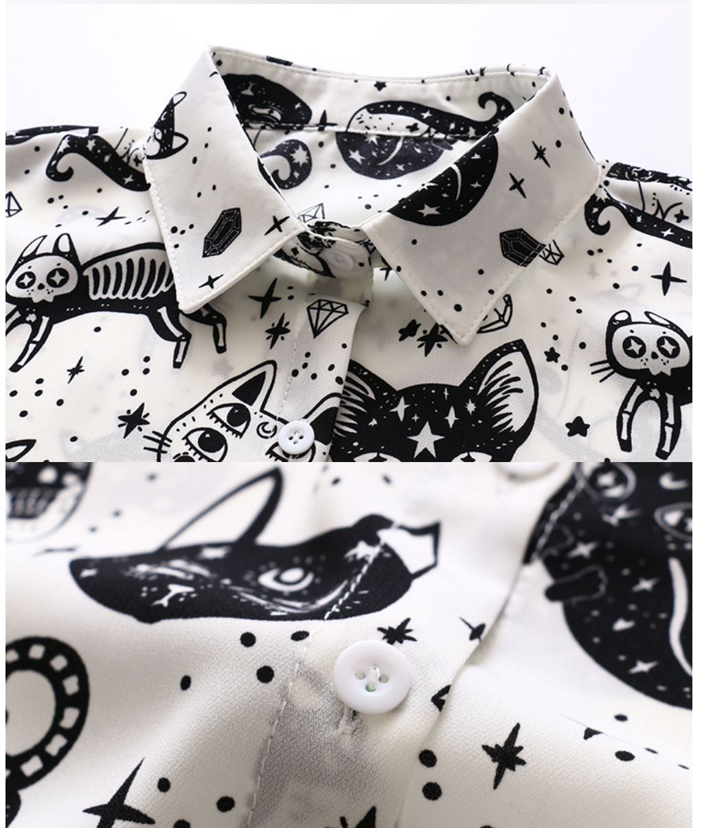 Women's Witchy Spiritual Cat Button Up Shirt - Main Image