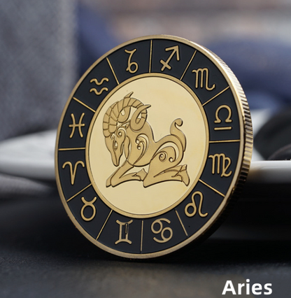 Gold / Black Zodiac Coin - Stainless Steel - Horoscope, Astrology theme