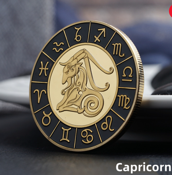 Gold / Black Zodiac Coin - Stainless Steel - Horoscope, Astrology theme