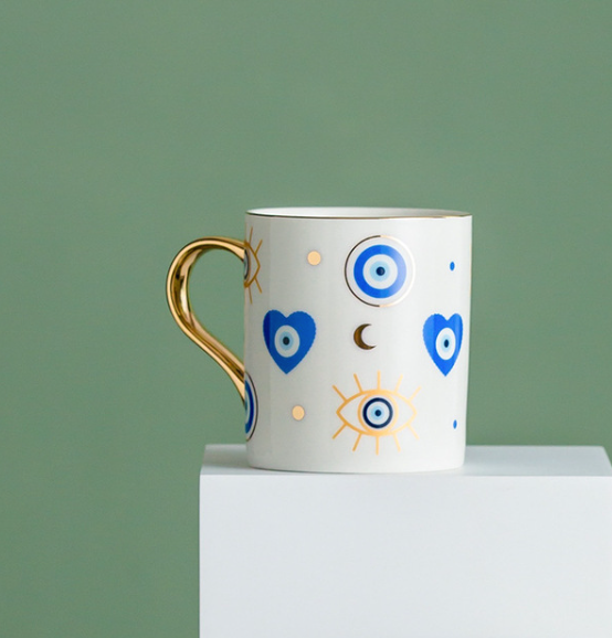 Evil Eye Ceramic Coffee Mug | Nazar, Hamsa Gold Handle Cup
