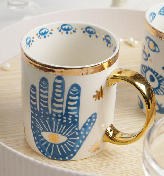 Evil Eye Hamsa Ceramic Gold Coffee Mug | Nazar Home Accessories