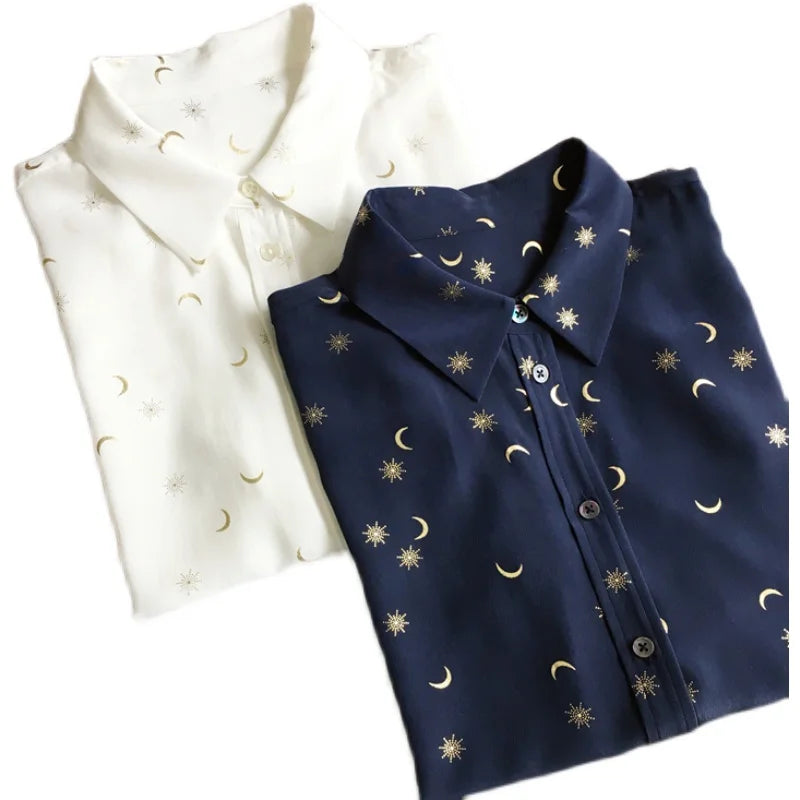 Elegant Celestial - Moon Button Up Long SleeveDress Shirt | White & Blue Navy