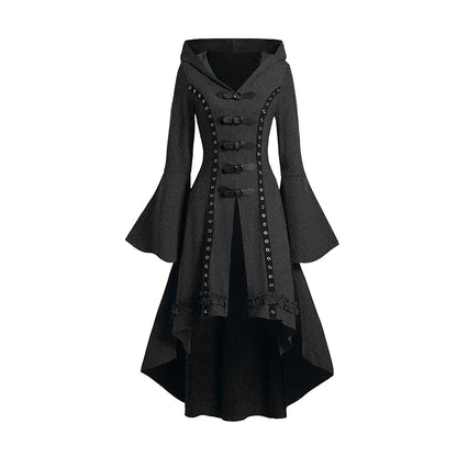 Women's Black, Red, and Blue Grommet Gothic Hooded Top Flare Sleeve Dress