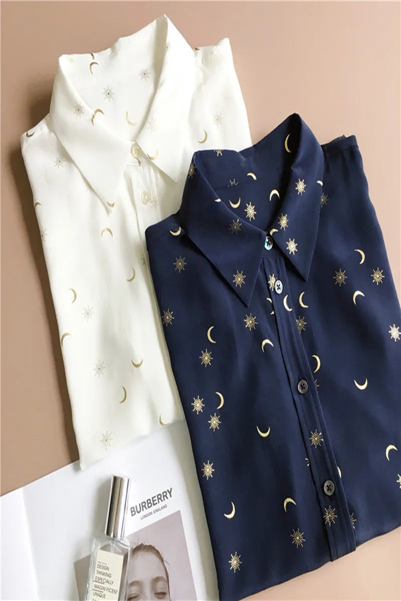 Elegant Celestial - Moon Button Up Long SleeveDress Shirt | White & Blue Navy