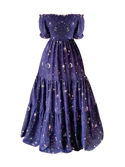 Celestial Sun - Moon Ruffles Dress | Purple, Puff Sleeves | Whimsigoth