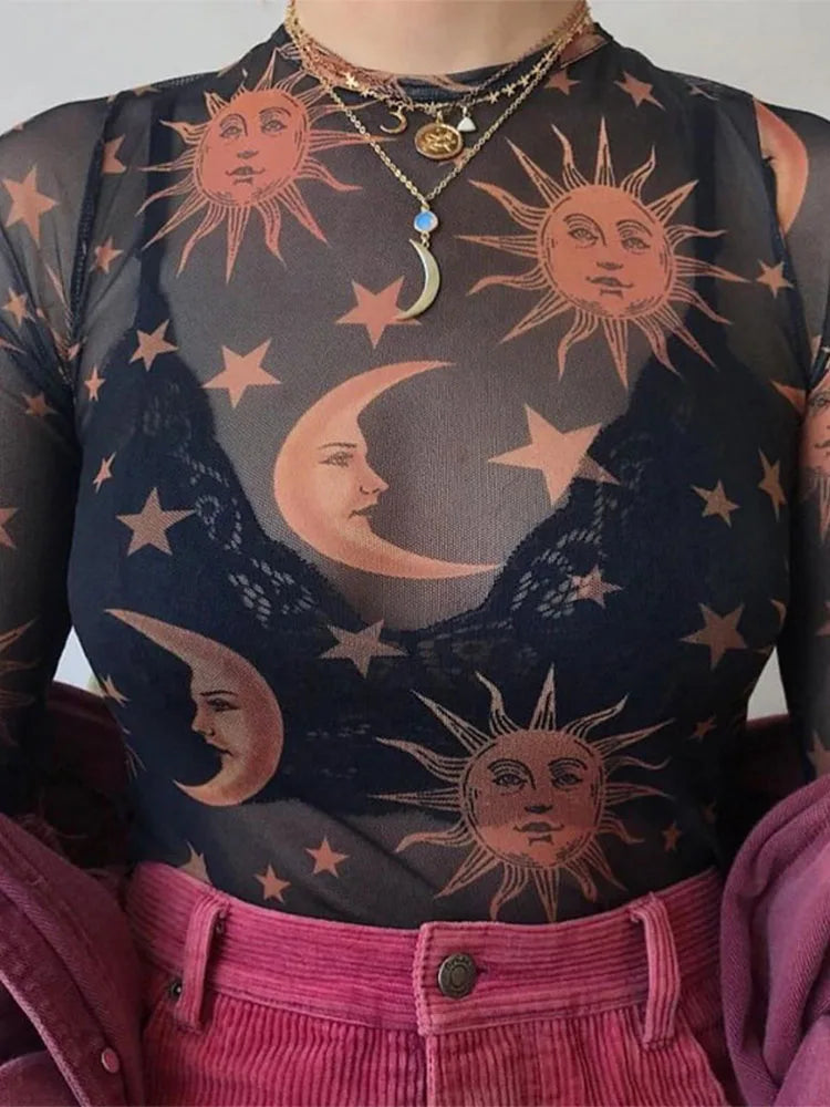 Celestial Sun - Moon Transparent Mesh Long-Sleeve Shirt | Whimsigoth