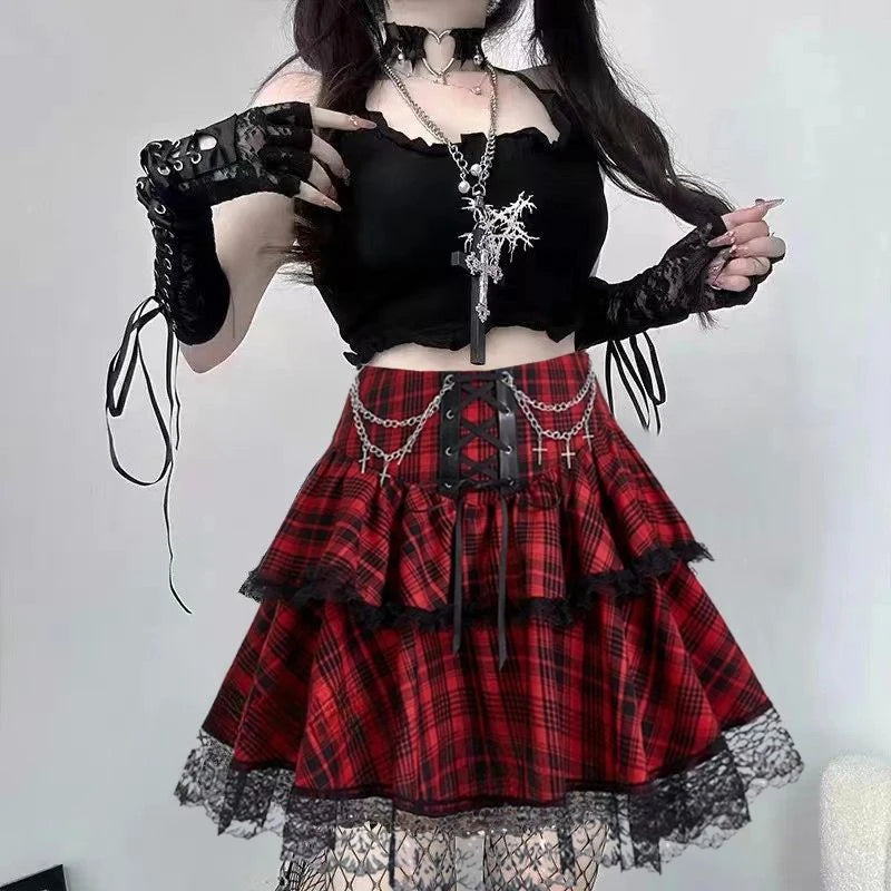 Pink and Red Plaid Gothic Mini Skirt, Emo and Whimsigothic Style