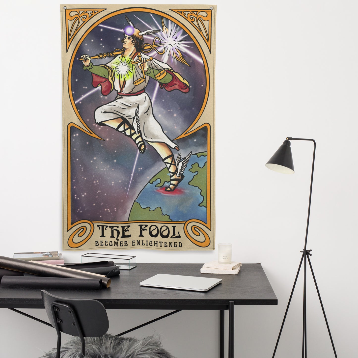 'The Fool Becomes Enlightened' - Greek God Hermes, Caduceus Flag Tapestry