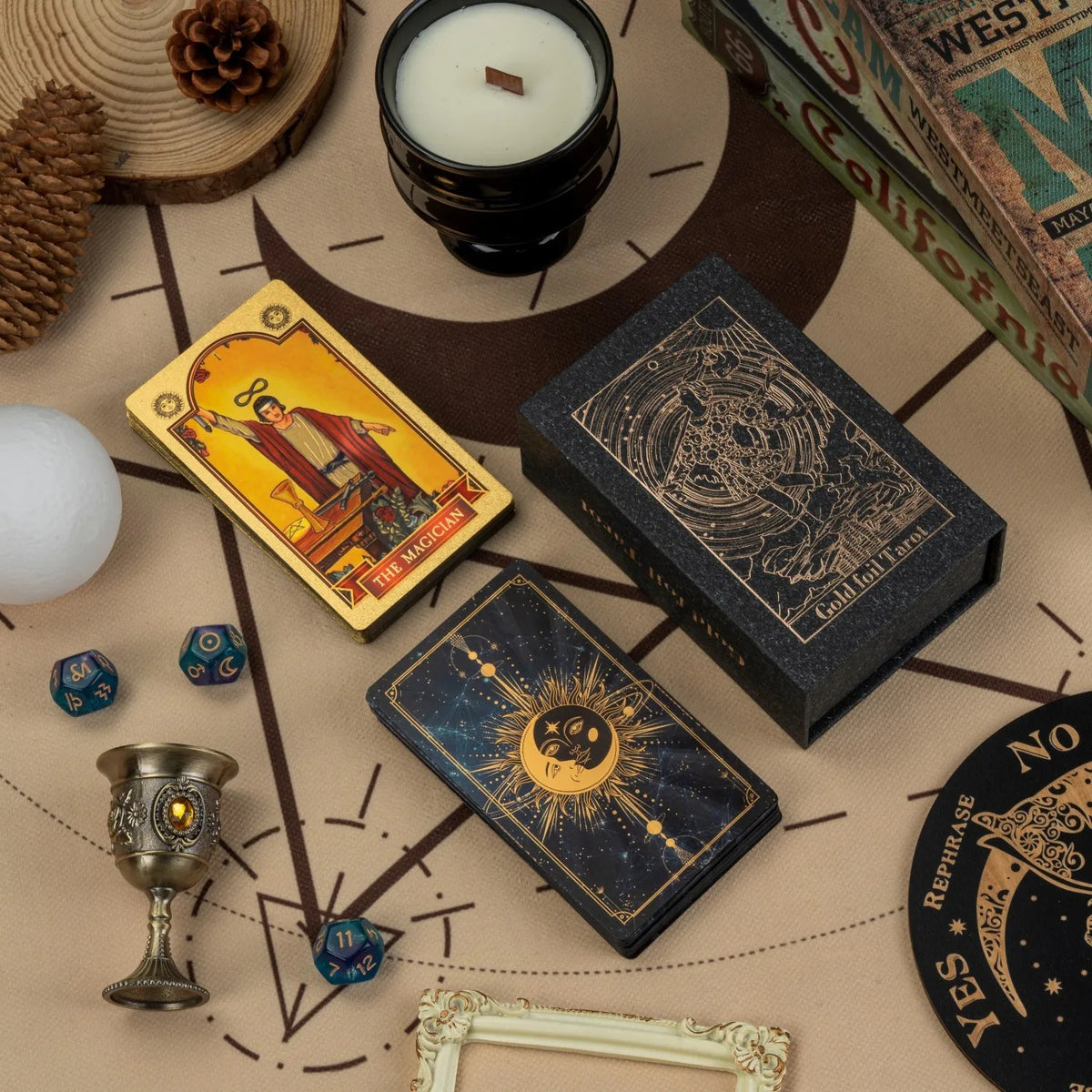 Black and gold celestial tarot deck with presentation box
