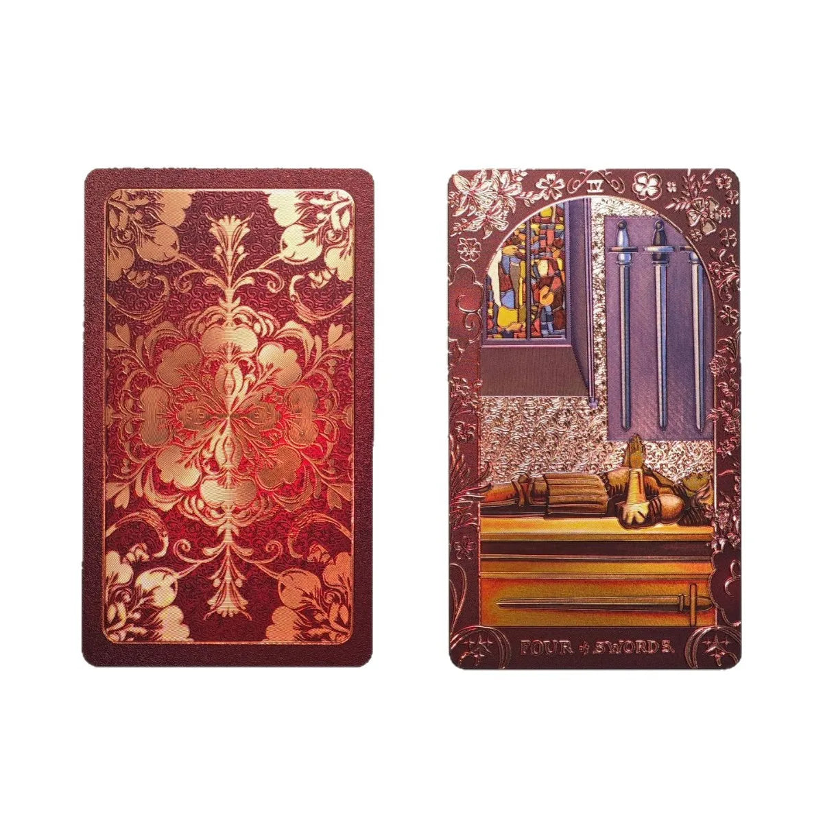 Crimson floral tarot card back and Four of Swords card detail