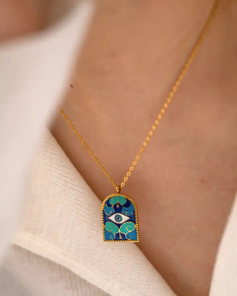 Aesthetic Gold Evil Eye Mosaic Necklsce | Gold Plated Stainless Steel