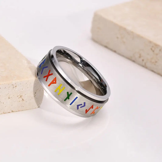 Rainbow Runic Silver Ring | LGBTQ, Nordic, Stainless Steel
