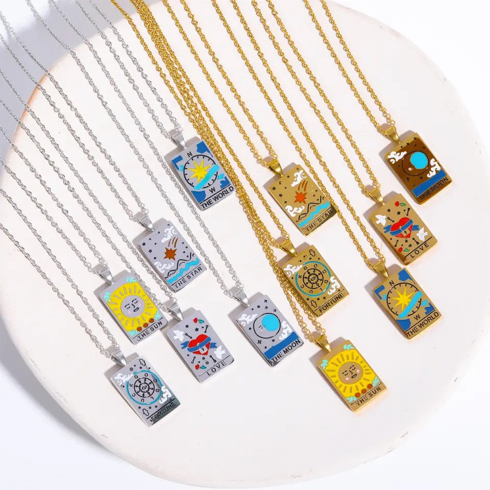 Tarot Card Colorful Engraved Necklace | Gold - Silver | 316L Stainless Steel