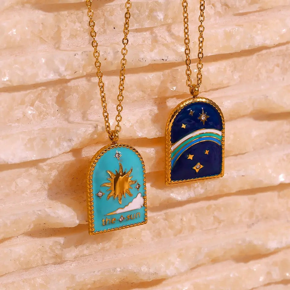 ‘The Sun’ Gold Tarot Card Enamel Necklace