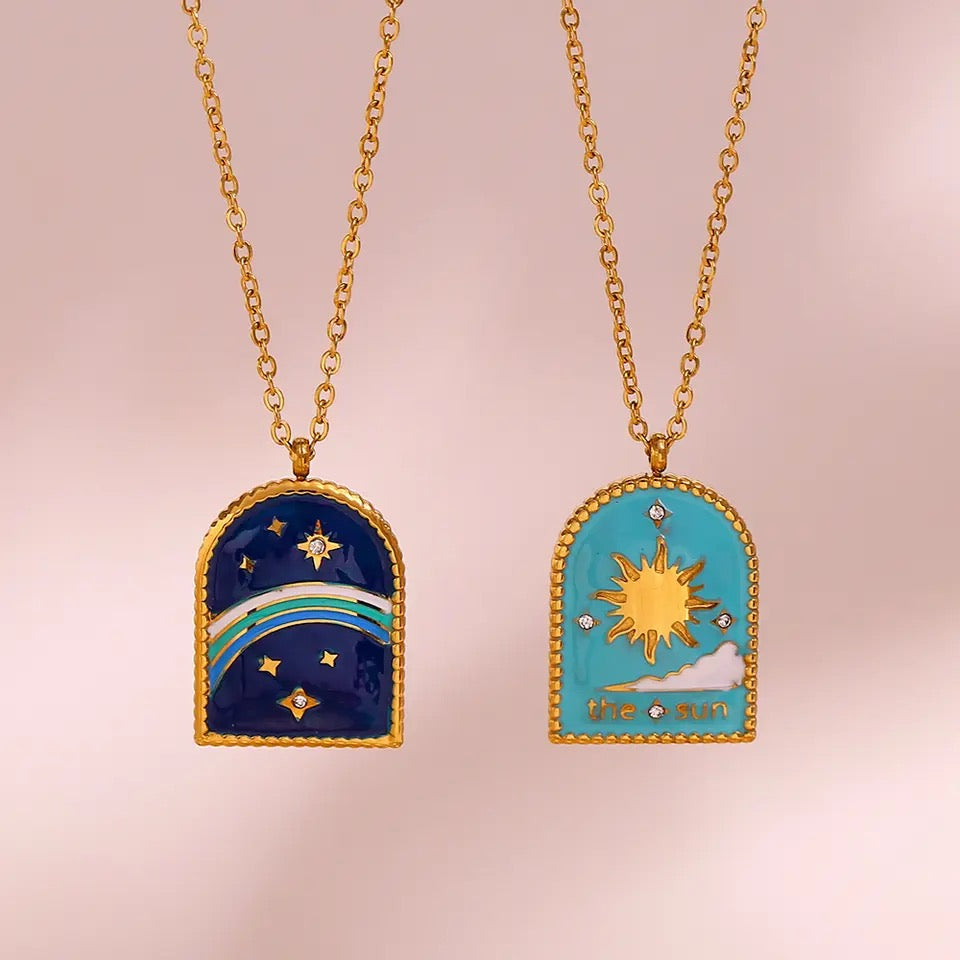 ‘The Sun’ Gold Tarot Card Enamel Necklace