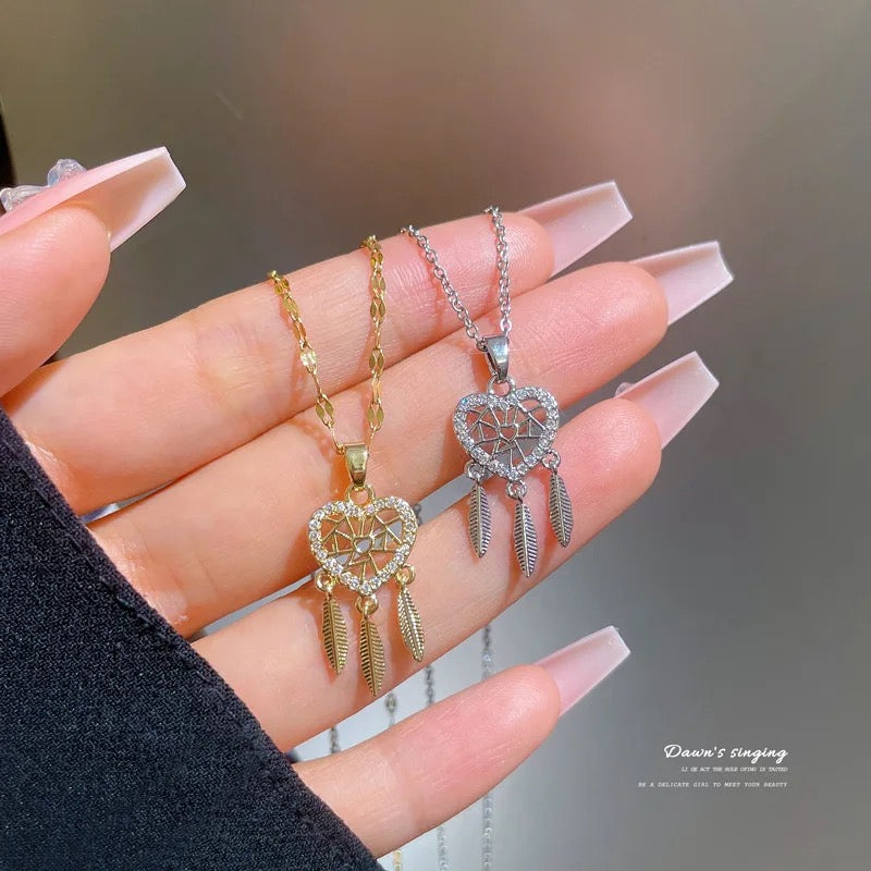 Dream Catcher Dainty Necklace, Heart-Shaped | Gold and Silver Color Jewelry